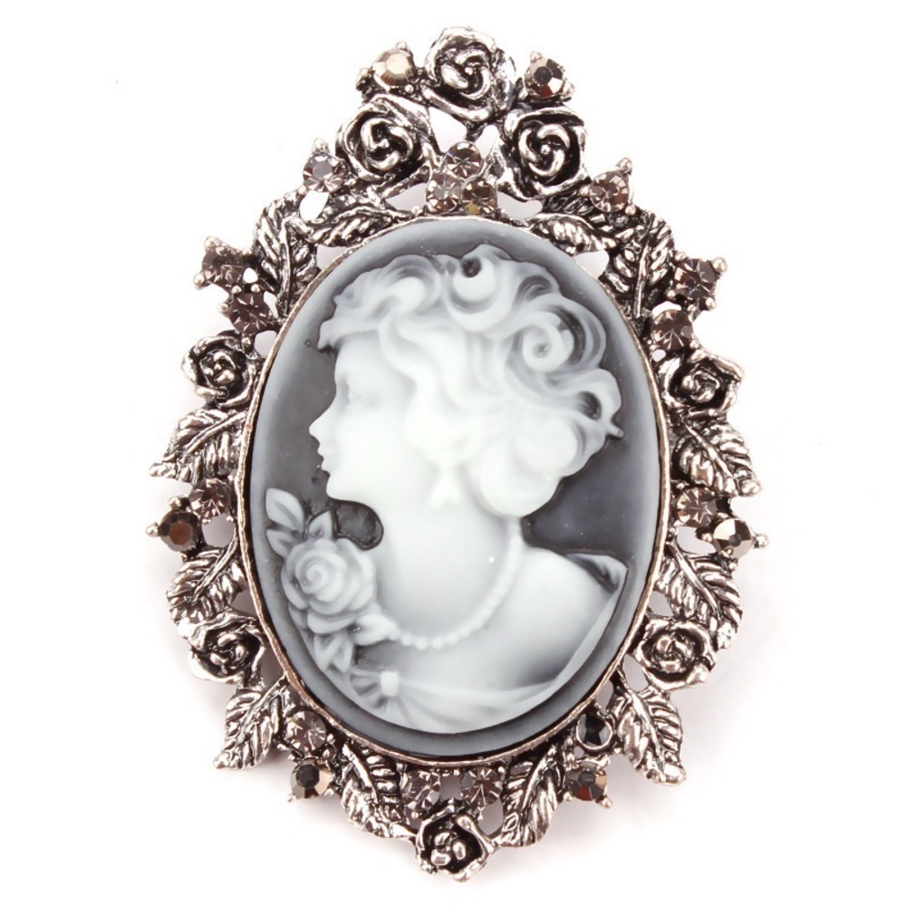 Vintage Style Victorian Lady Cameo Brooch Silver Tone Floral Rose Border Gray